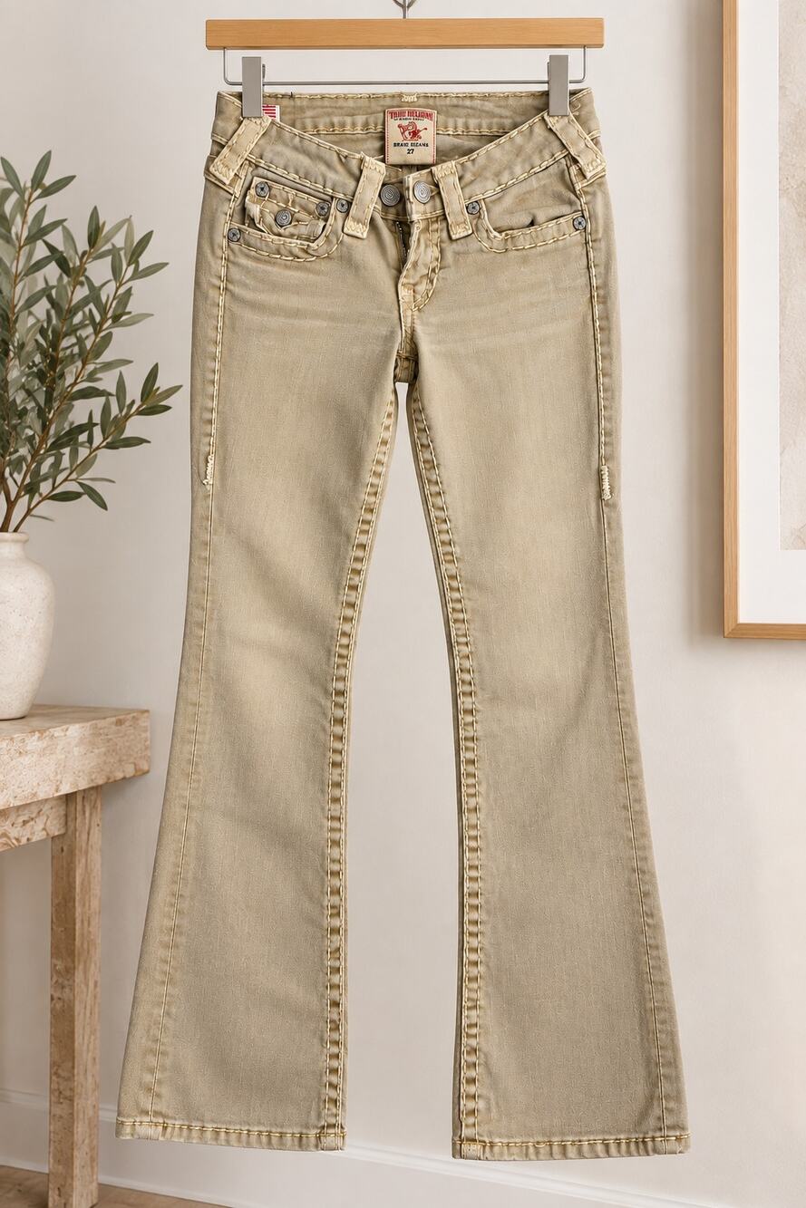 True Religion Brand Jeans Womens 27 Beige Tan Y2K USA Distressed Flare Bootcut